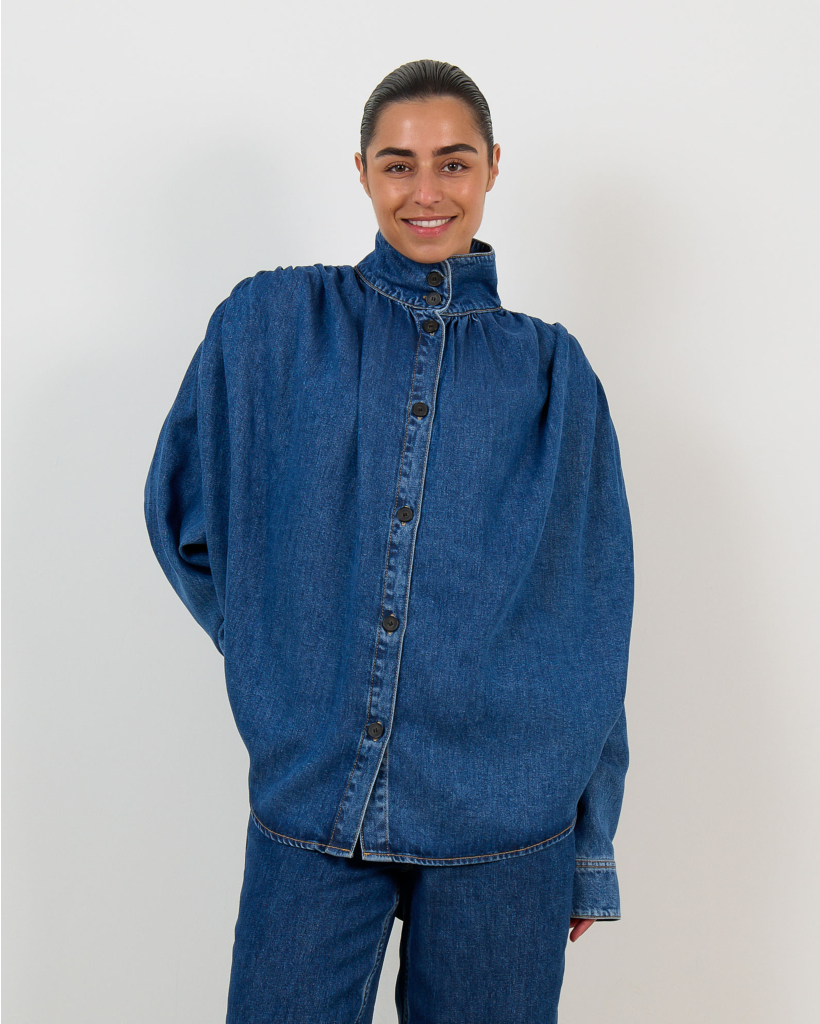 Julie Gedrapeerde Denim Blouse Blue Fluid