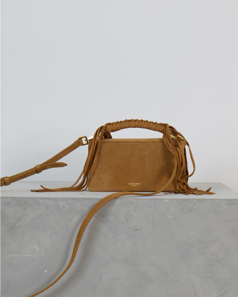 Venezia Small Suede Tas met Gevlochten Handvat en Franjes Cammello
