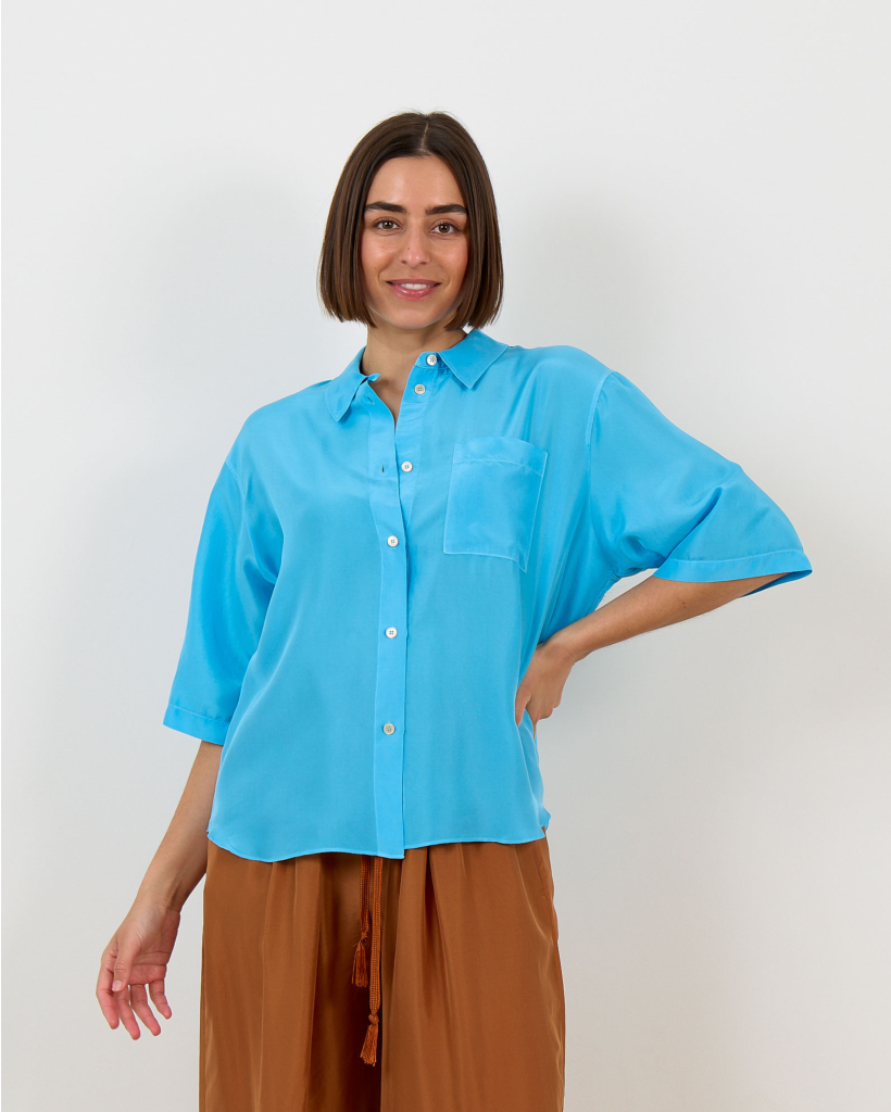 Blouse van Zijde met Korte Mouw Turquoise