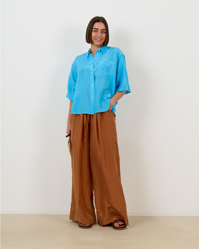 Blouse van Zijde met Korte Mouw Turquoise