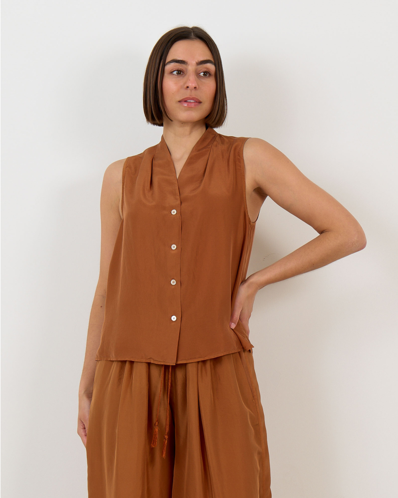 Zijden Mouwloze Blouse met Knopen Brons