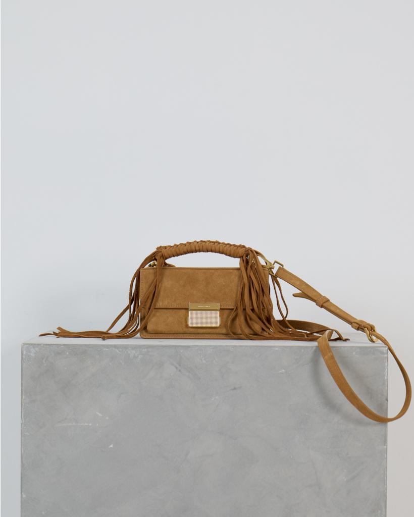 Venezia Small Suede Tas met Gevlochten Handvat en Franjes Cammello