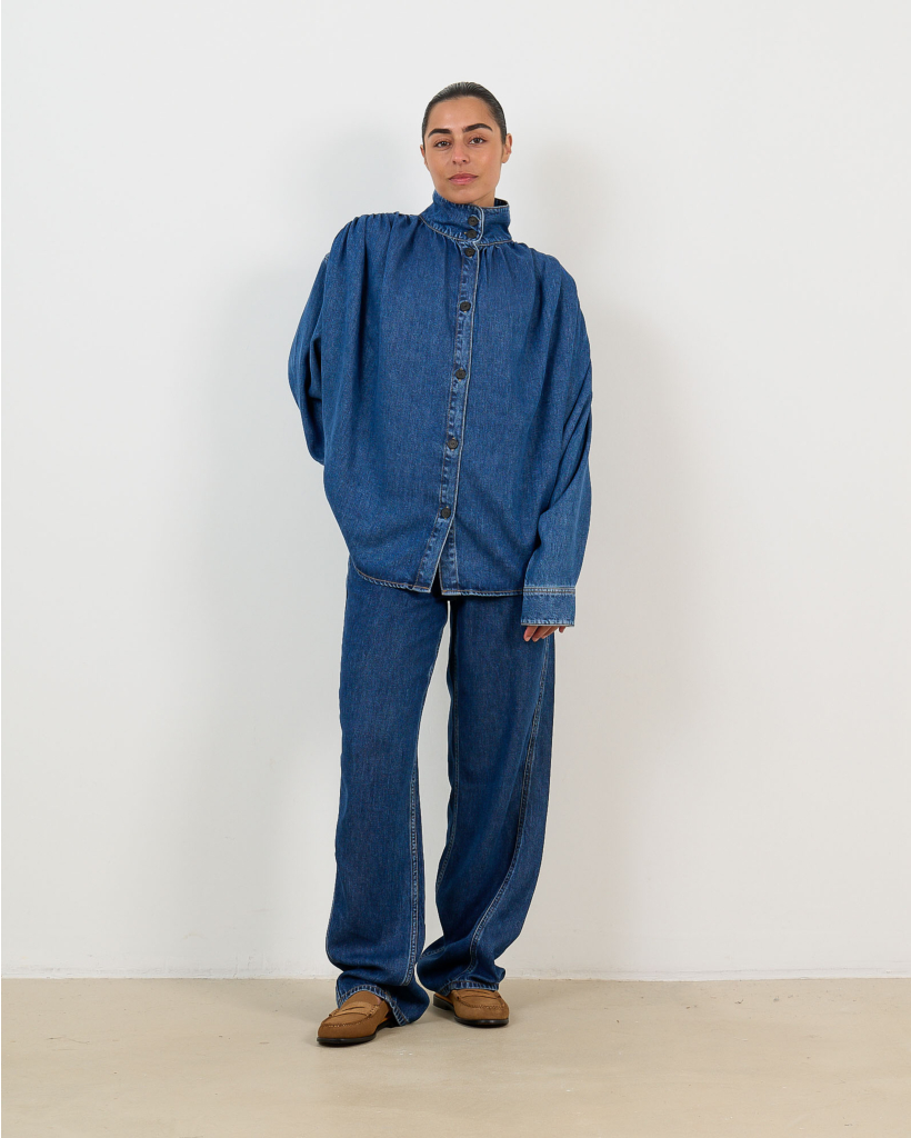 Julie Gedrapeerde Denim Blouse Blue Fluid